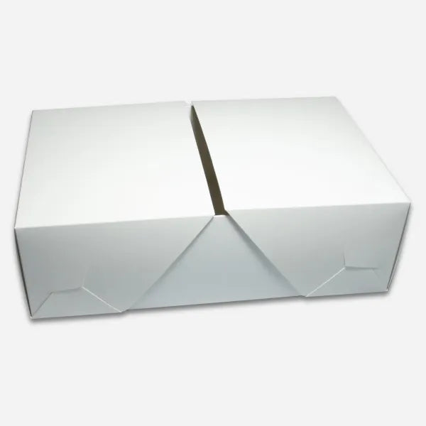 Caja Mesa blanca cerrada — vista en perspectiva con tapa entreabierta