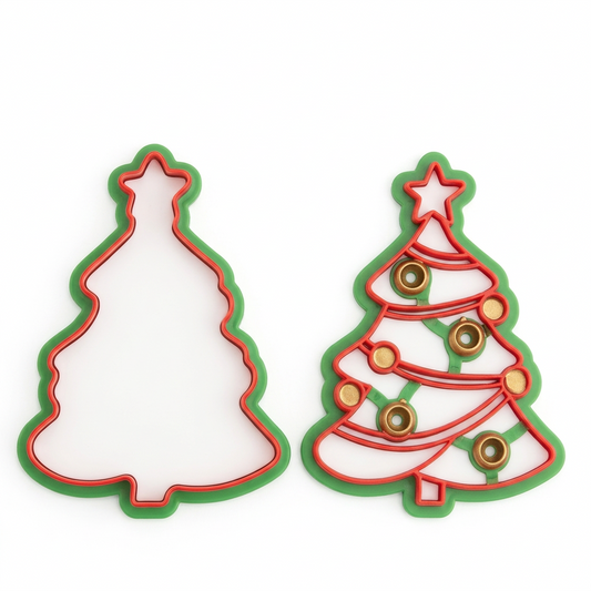 Cortadores de galletas Vallia Repostería con forma de pino navideño, uno con contorno y otro con detalles de adornos.