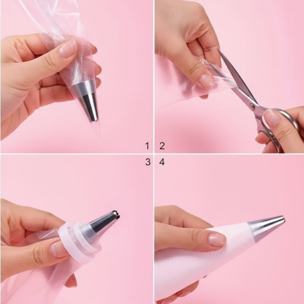Guía de uso en 4 pasos de manga pastelera desechable MASTER con boquilla y acoplador sobre fondo rosa – para decoración de tortas y repostería - Vallia Reposteria