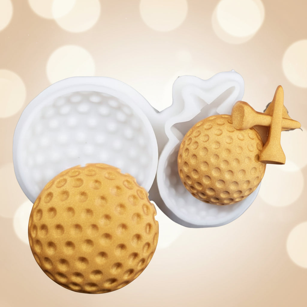 Molde de silicona bola de golf y tees 3D con piezas desmoldadas en fondant dorado | Vallia Repostería