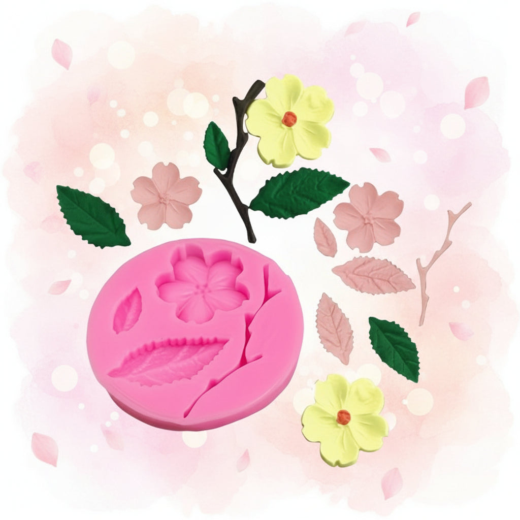 Molde de Silicona Flor de Cerezo, Rama y Hojas (5.5 cm) - Para Fondant, Chocolate y Repostería