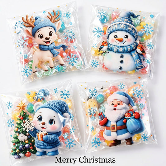 Bolsas transparentes Vallia Repostería con diseños navideños de reno, muñeco de nieve, oso y Santa Claus para dulces.