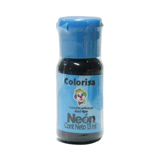 Frasco de colorante en gel neón azul de 13 gr marca Colorisa disponible en Vallia Repostería para repostería creativa.
