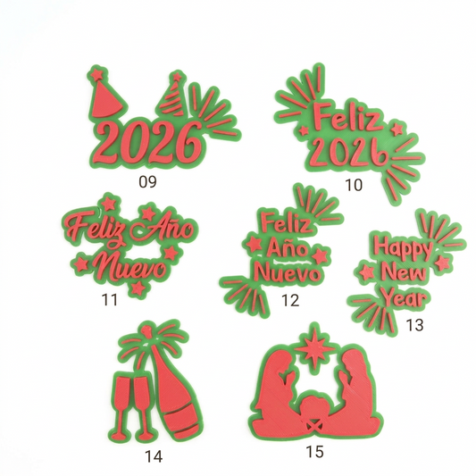 sellos navideños para galletas Vallia Repostería con diseños festivos de Navidad y Año Nuevo en verde y rojo.