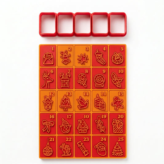 Kit para calendario de Adviento con 5 placas texturizadoras de motivos navideños y 1 cortador múltiple para fondant.
