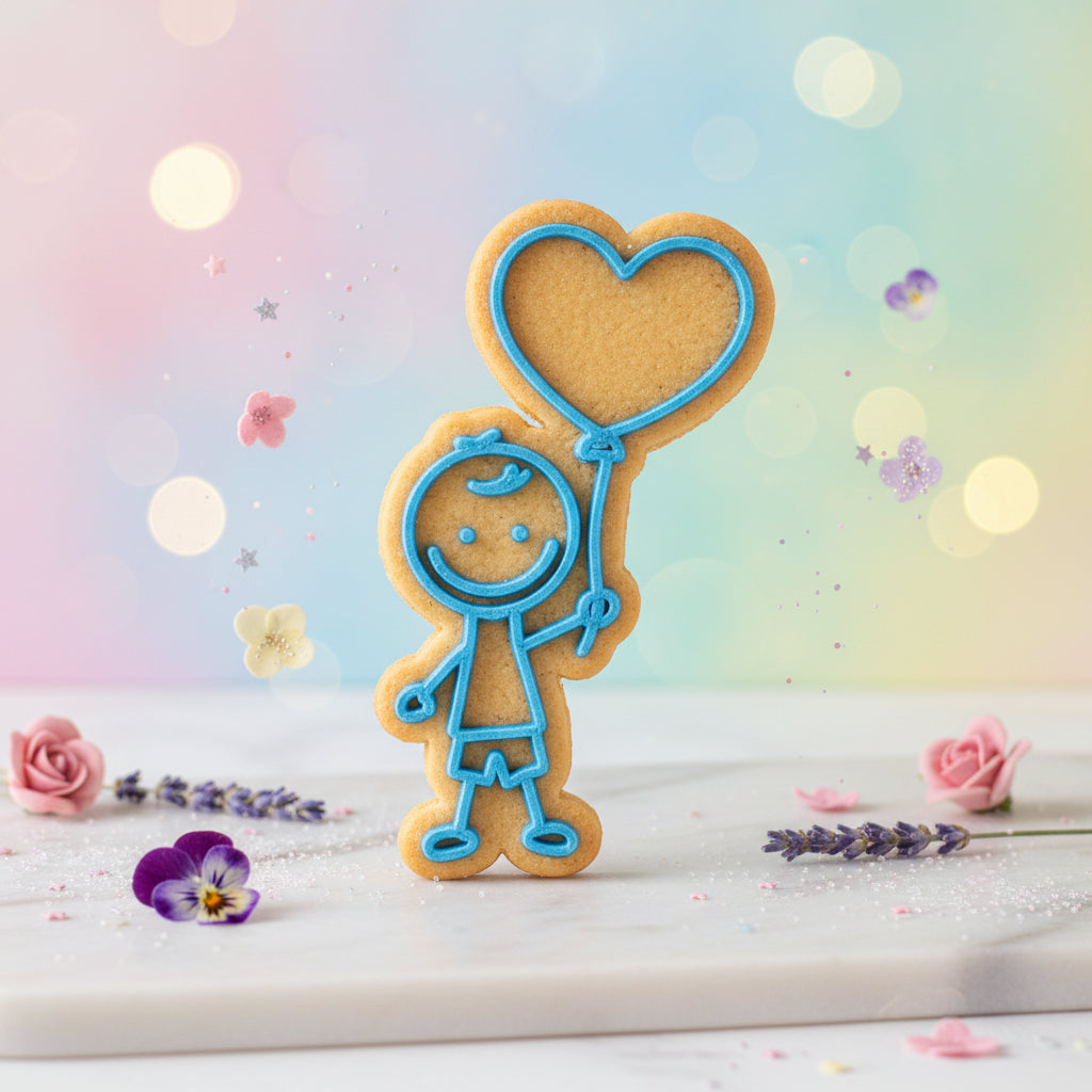 Sello texturizador Vallia Repostería de niño con globo de corazón estilo doodle para fondant y galletas de 5.5 cm