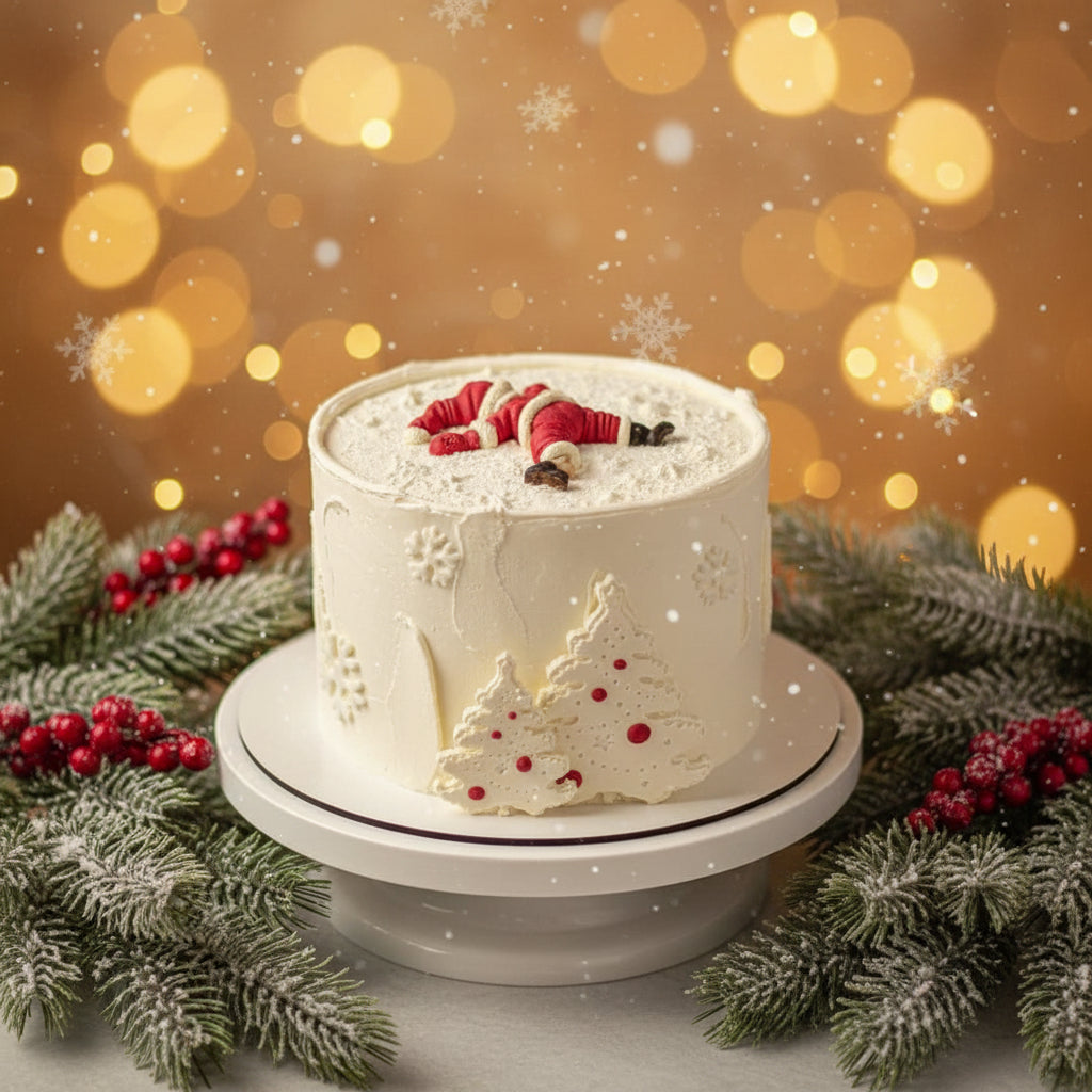 Torta navideña blanca decorada con figura de Papá Noel caído en fondant sobre buttercream nevado con árbol de Navidad y copos de nieve sobre fondo bokeh dorado - Vallia Reposteria