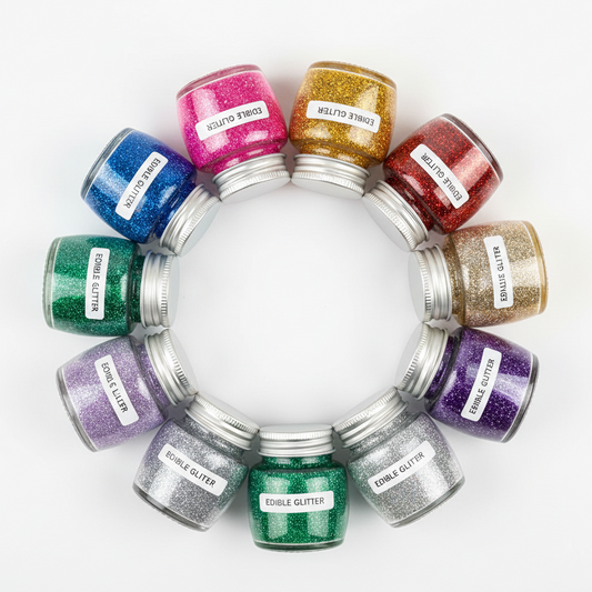 "Escarcha comestible disponible en 12 colores: azul real, rosa, rojo, dorado, negro, cobriza, verde, plateado, lila, turquesa, violeta y tornasol"