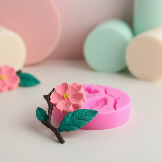 Molde de silicona rosa con cavidades de flor de cerezo, hojas y rama para repostería