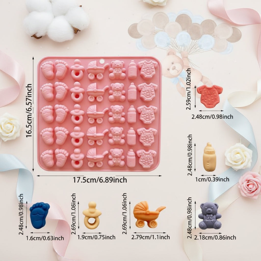 "Molde de silicona grado alimenticio con figuras baby shower para fondant y chocolate"