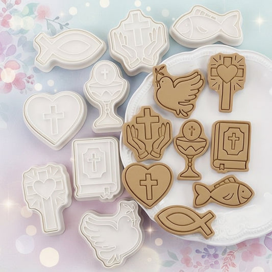 "Set de cortadores de galletas religiosos 8-10 piezas con embosser - Cáliz, Cruz y Paloma - Vallia Repostería"