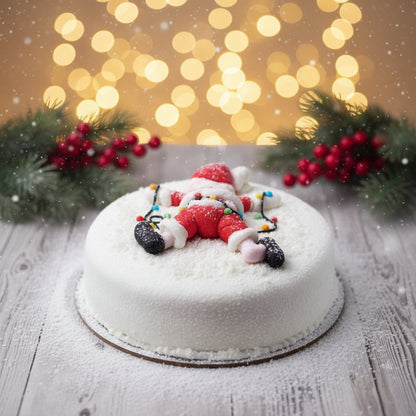 Torta navideña blanca decorada con figura de Papá Noel caído enredado en luces de colores sobre buttercream nevado sobre mesa de madera con ramas de acebo y luces bokeh - Vallia Reposteria