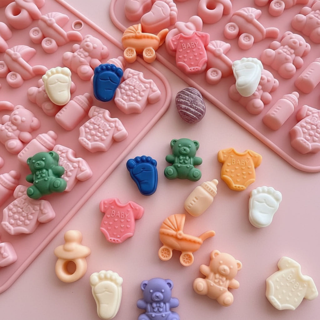 "Detalle de cavidades del molde de silicona: teteros, coches, ositos y pañaleros para baby shower"