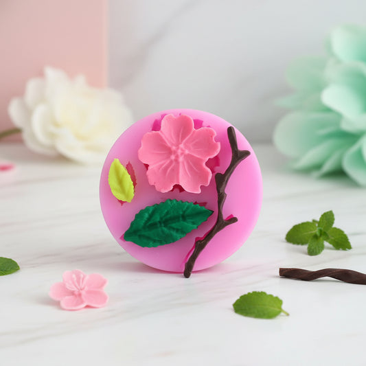 Set completo desmoldado: flor de cerezo, hojas y rama en fondant con molde Vallia