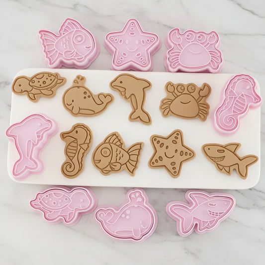 Set 8 cortadores galletas bajo el mar con sello - Vista conjunto - Vallia Repostería
