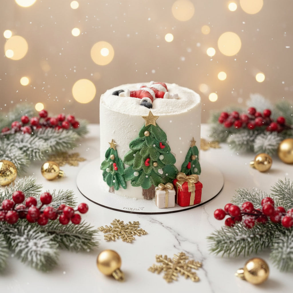 Torta navideña blanca decorada con figura de Papá Noel caído en fondant sobre buttercream con árboles de Navidad en crema verde regalos y esferas doradas sobre mármol con decoración navideña - Vallia Reposteria