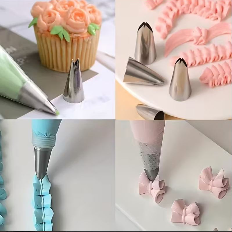 "Ejemplo de uso de boquilla para crear hojas y lazos decorativos en pasteles"