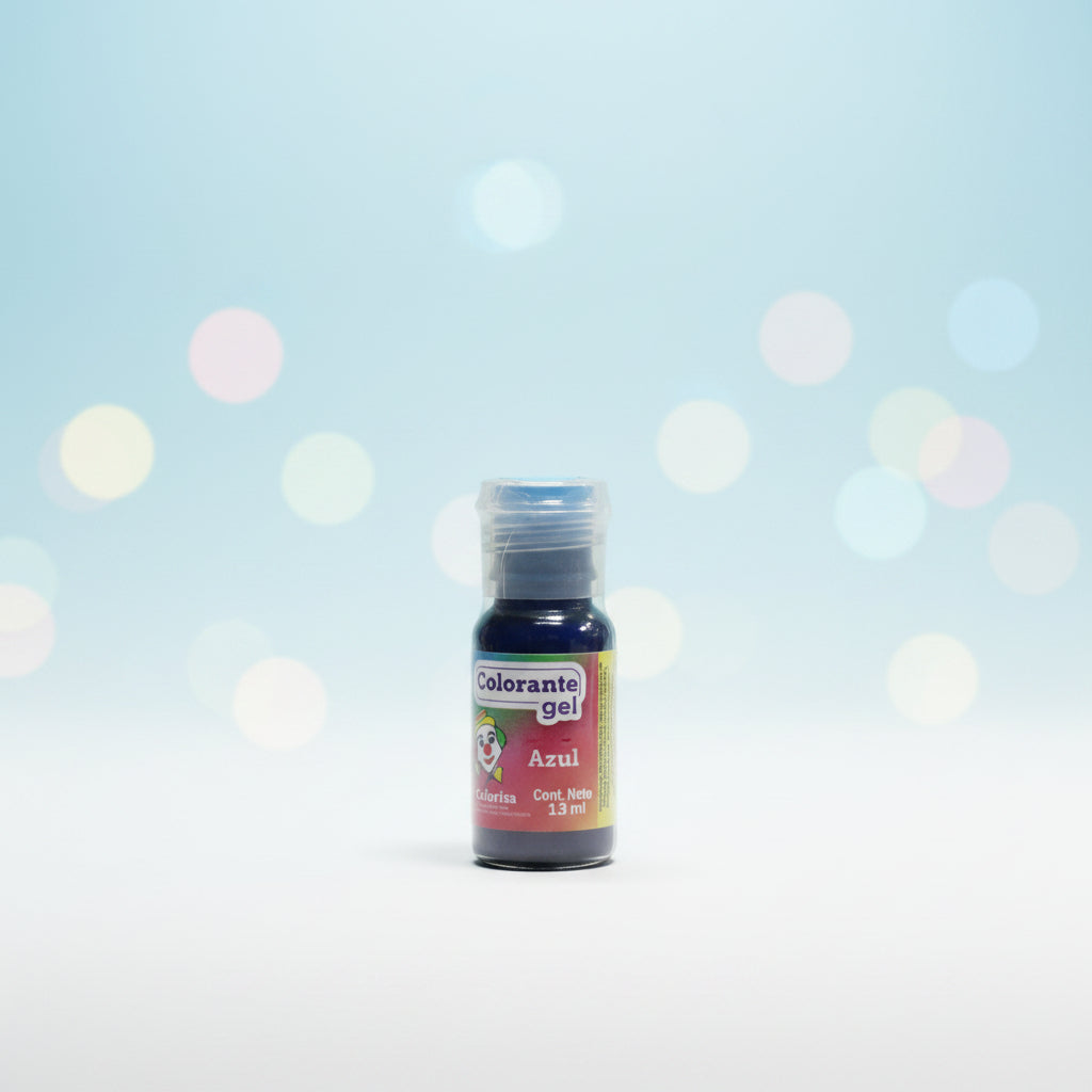 Colorante en gel Colorisa color azul en frasco dosificador 13 gr con fondo bokeh celeste – colorante para fondant y merengues - Vallia Reposteria