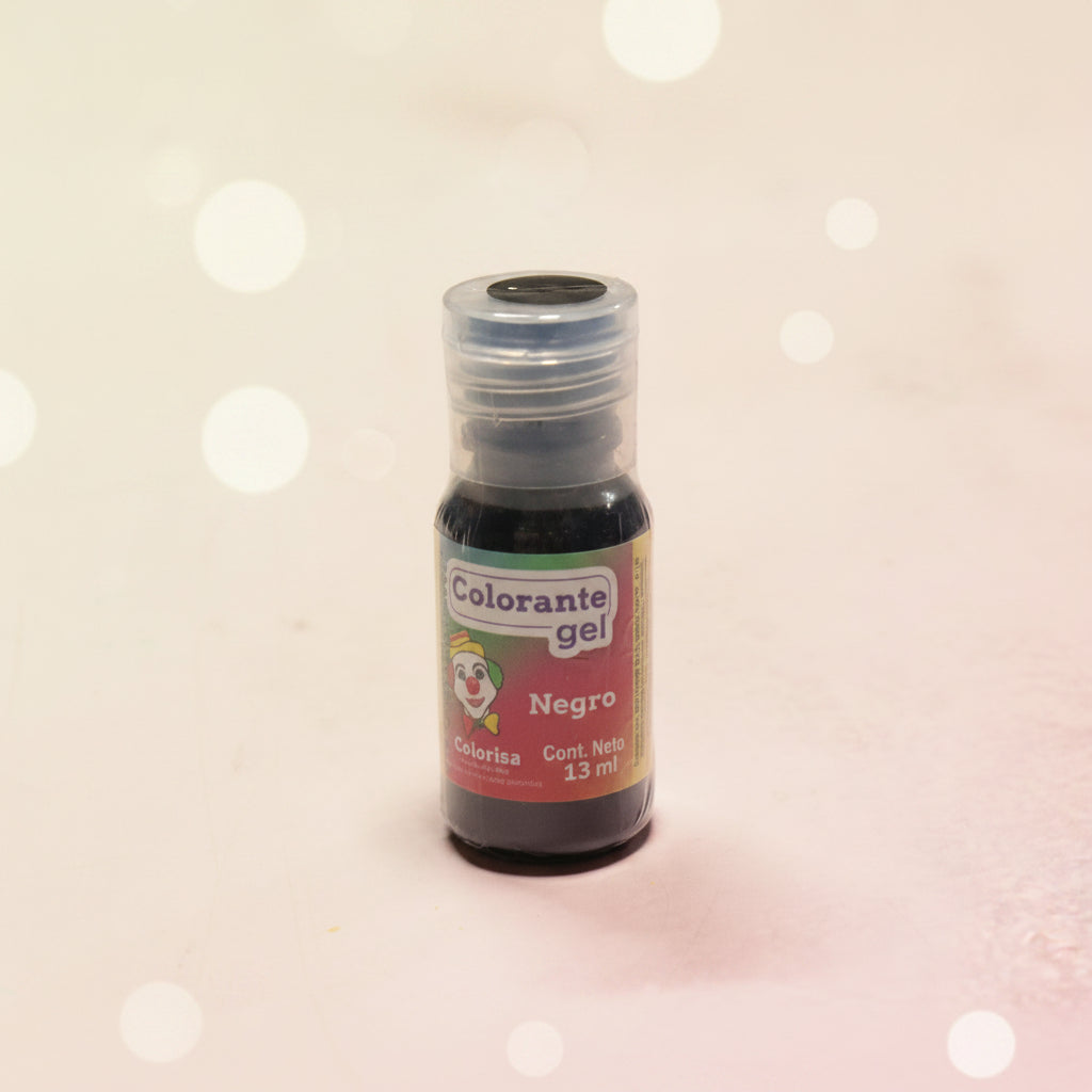 Colorante en gel Colorisa color negro en frasco dosificador 13 gr con fondo bokeh crema – colorante para fondant y buttercream - Vallia Reposteria