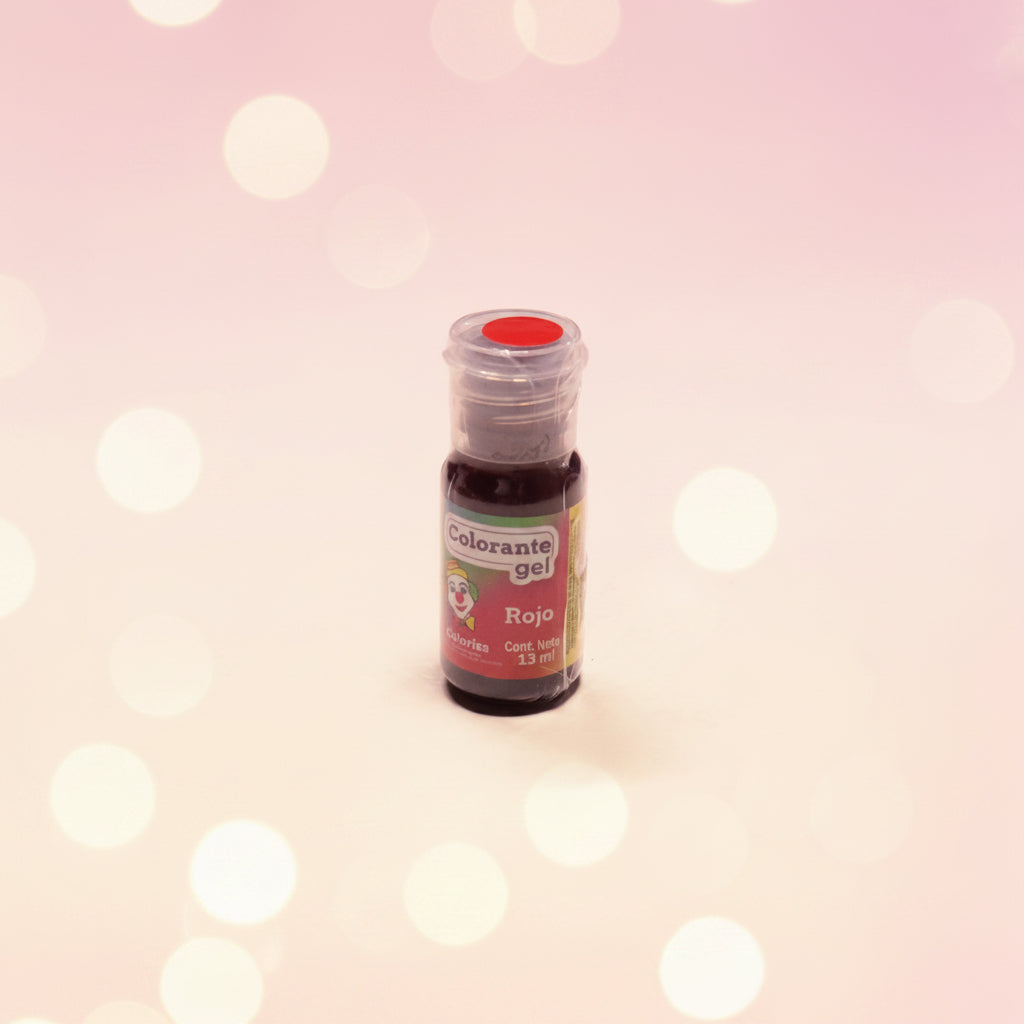 Colorante en gel Colorisa color rojo en frasco dosificador 13 gr con fondo bokeh rosado – colorante comestible para repostería - Vallia Reposteria
