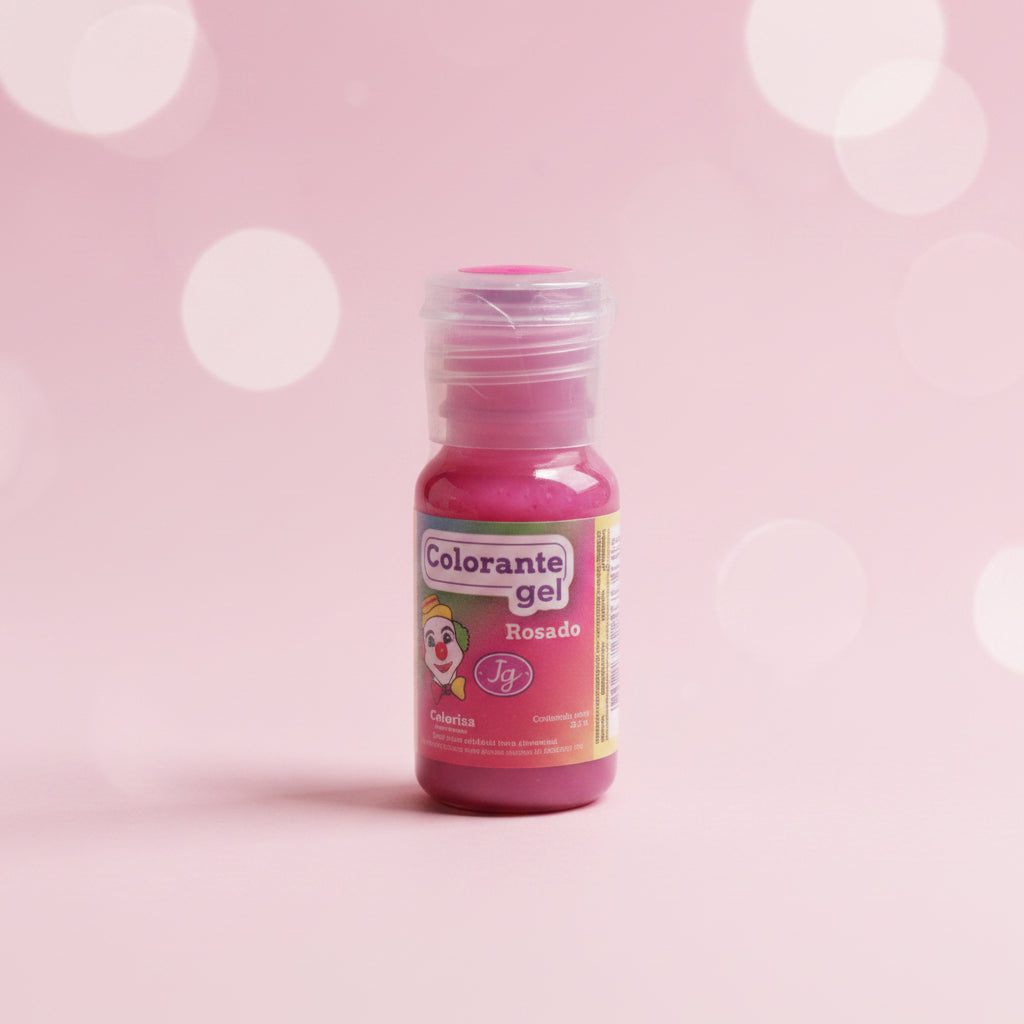 Colorante en gel Colorisa color rosado en frasco dosificador 13 gr con fondo bokeh rosa – colorante para buttercream y tortas - Vallia Reposteria