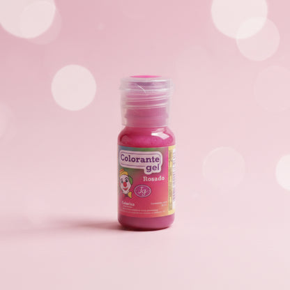 Colorante en gel Colorisa color rosado en frasco dosificador 13 gr con fondo bokeh rosa – colorante para buttercream y tortas - Vallia Reposteria
