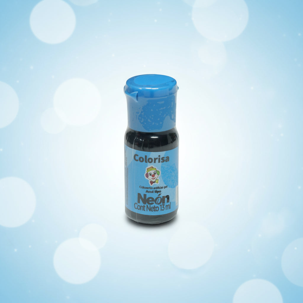 Colorante en gel neón Colorisa color azul en frasco dosificador 13 ml con fondo bokeh celeste – colorante comestible para repostería - Vallia Reposteria