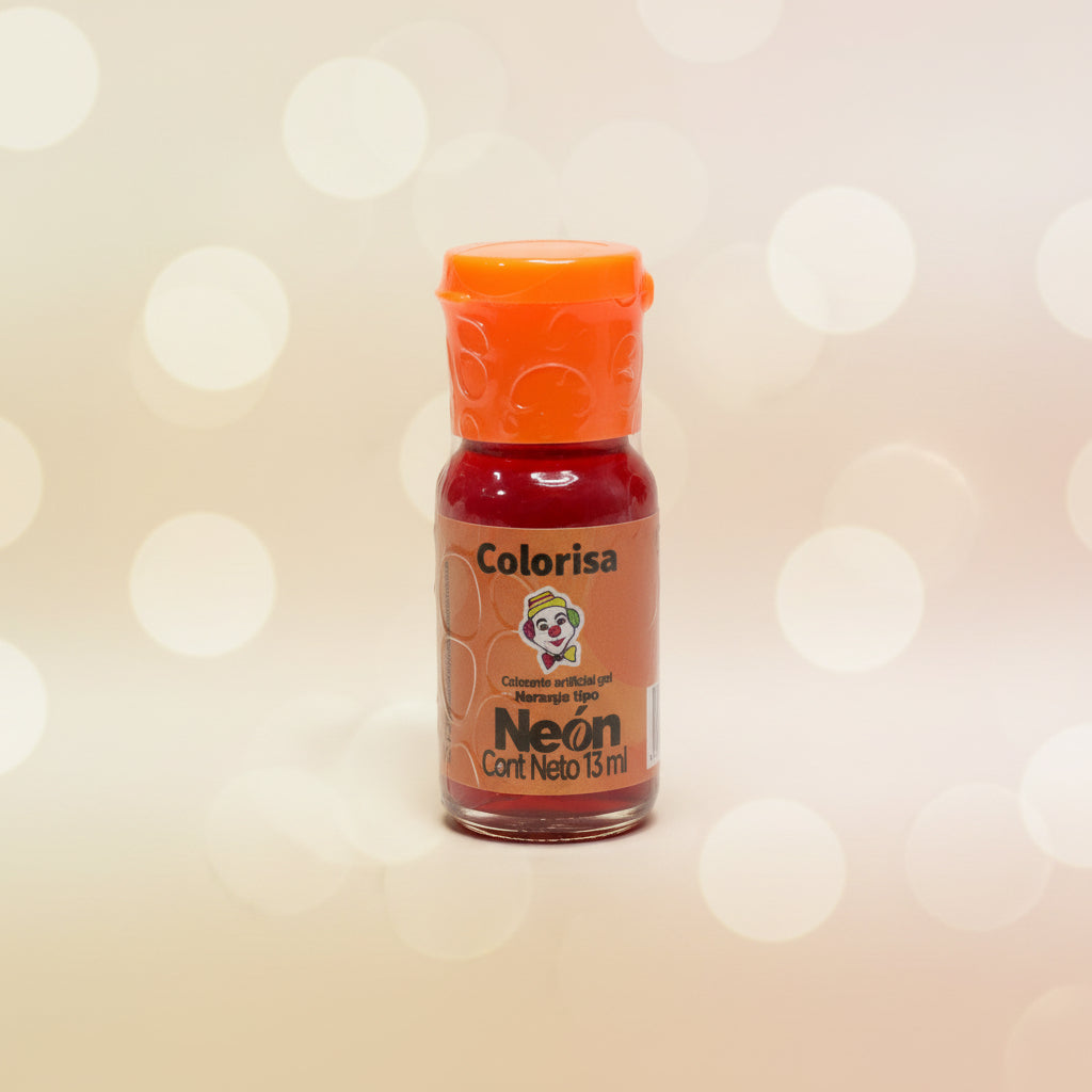 Colorante en gel neón Colorisa color naranja en frasco dosificador 13 ml con fondo bokeh cálido – colorante para tortas y galletas - Vallia Reposteria