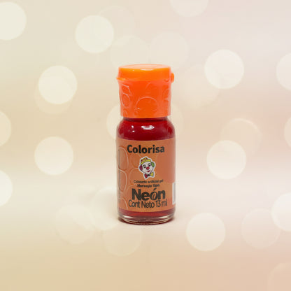 Colorante en gel neón Colorisa color naranja en frasco dosificador 13 ml con fondo bokeh cálido – colorante para tortas y galletas - Vallia Reposteria