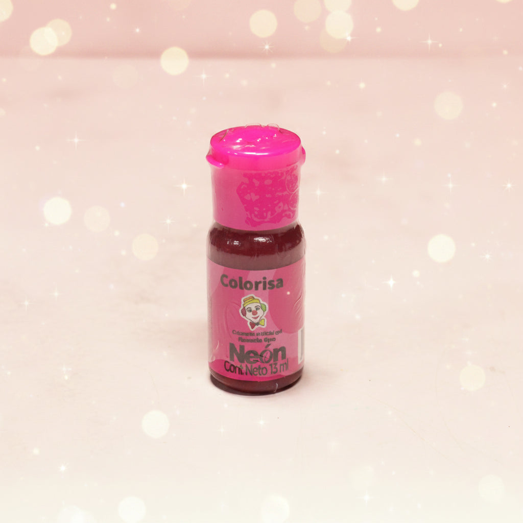 Colorante en gel neón Colorisa color rosado intenso en frasco dosificador 13 ml con fondo bokeh rosa – colorante comestible para repostería - Vallia Reposteria