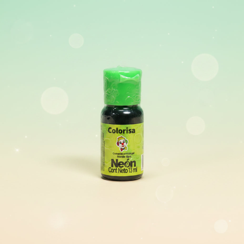 Colorante en gel neón Colorisa color verde eléctrico en frasco dosificador 13 ml con fondo bokeh verde – colorante para fondant y buttercream - Vallia Reposteria