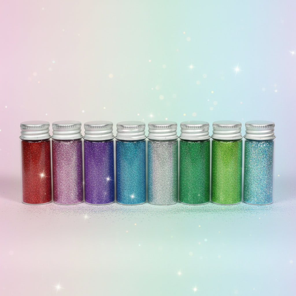 Escarcha comestible glitter  en frasco de vidrio 10 gr sobre fondo bokeh pastel multicolor – glitter para tortas y repostería - Vallia Reposteria