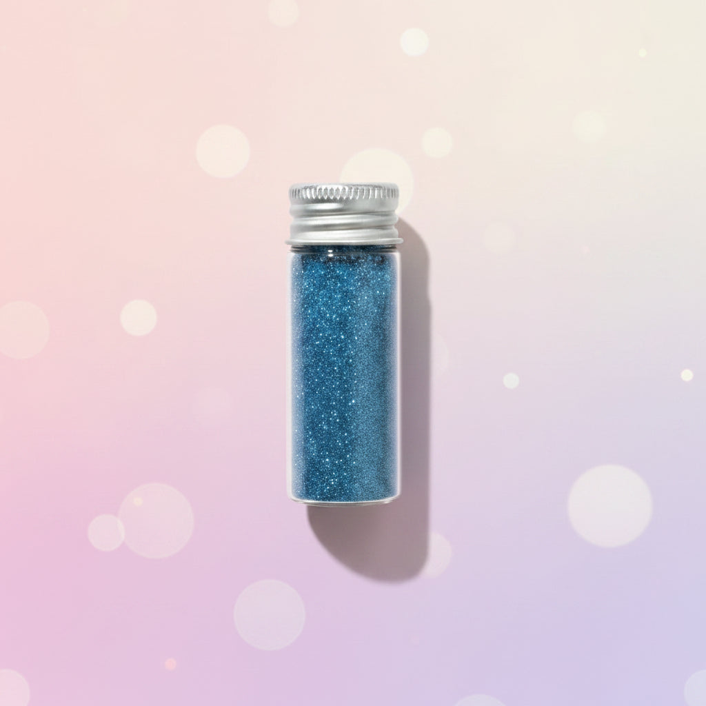 Escarcha comestible glitter color azul en frasco de vidrio 10 gr sobre fondo bokeh rosa pastel – glitter para tortas y repostería - Vallia Reposteria