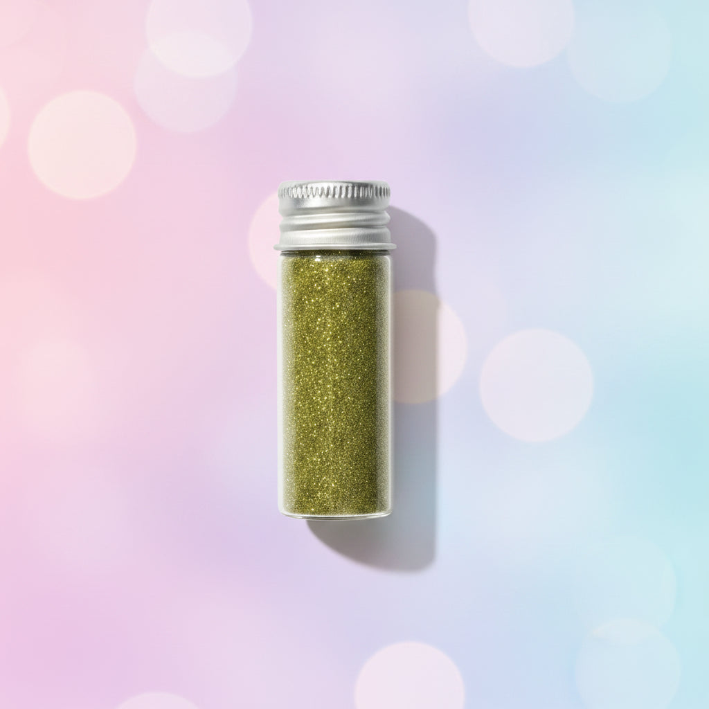 Escarcha comestible glitter dorado en frasco de vidrio 10 gr sobre fondo bokeh pastel multicolor – glitter para tortas y repostería - Vallia Reposteria