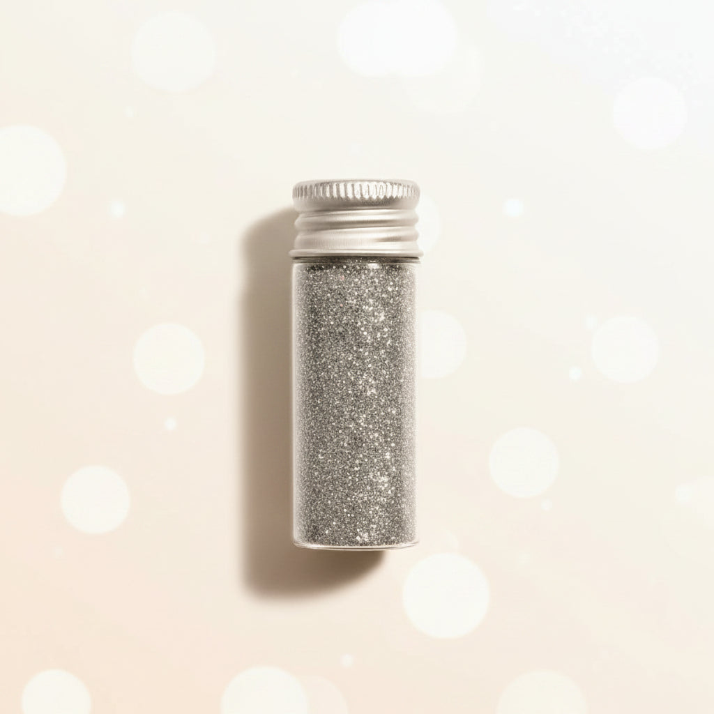 Escarcha comestible glitter plateado en frasco de vidrio 10 gr sobre fondo bokeh crema – glitter metálico para repostería - Vallia Reposteria