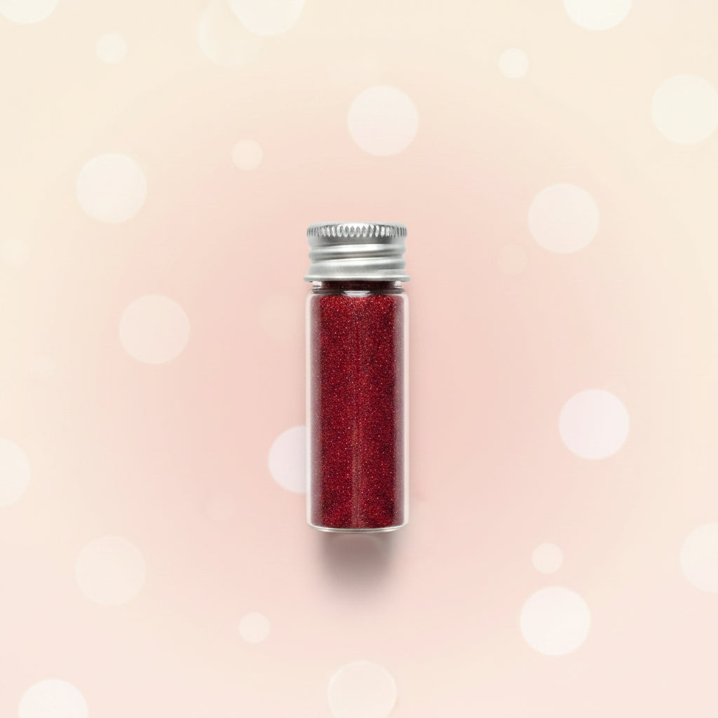 Escarcha comestible glitter color rojo en frasco de vidrio 10 gr – glitter comestible para tortas y repostería - Vallia Reposteria