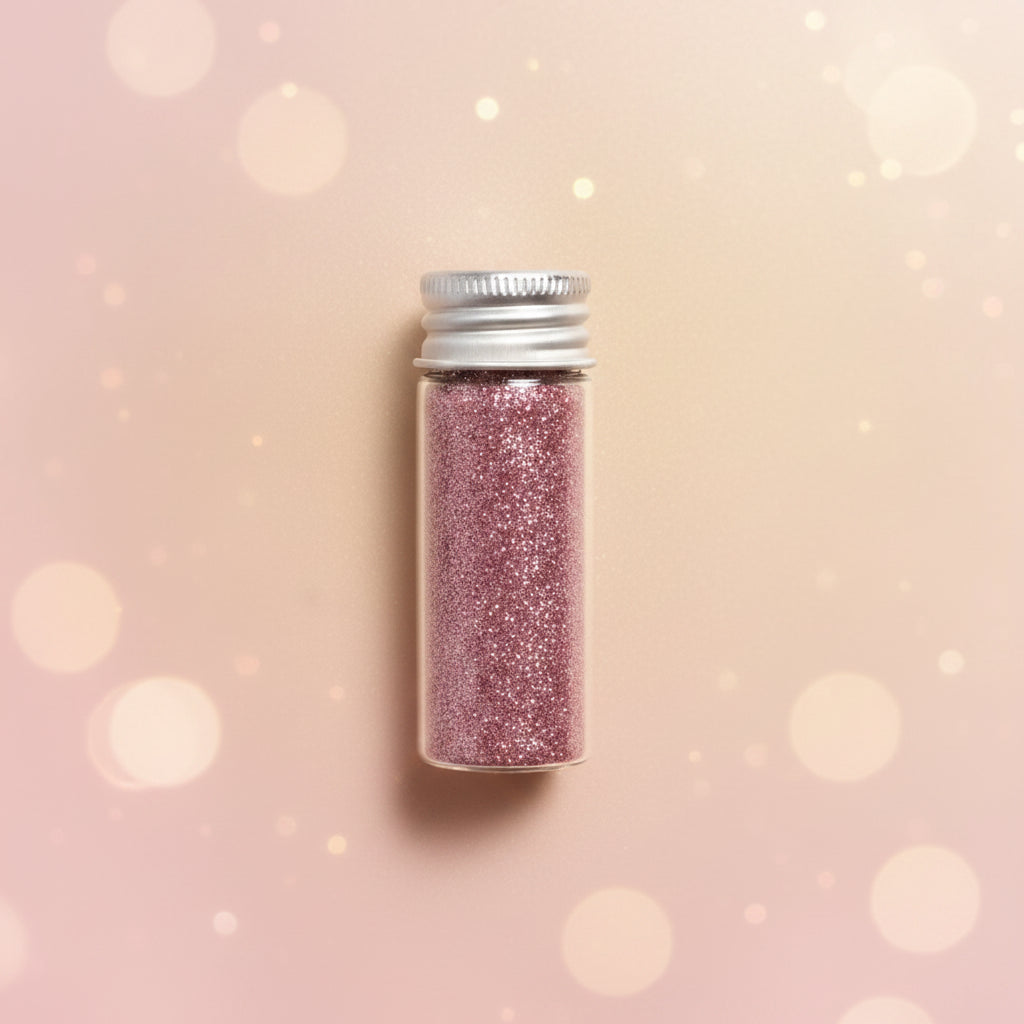 Escarcha comestible glitter color rosado en frasco de vidrio 10 gr sobre fondo bokeh dorado – glitter para tortas y postres - Vallia Reposteria