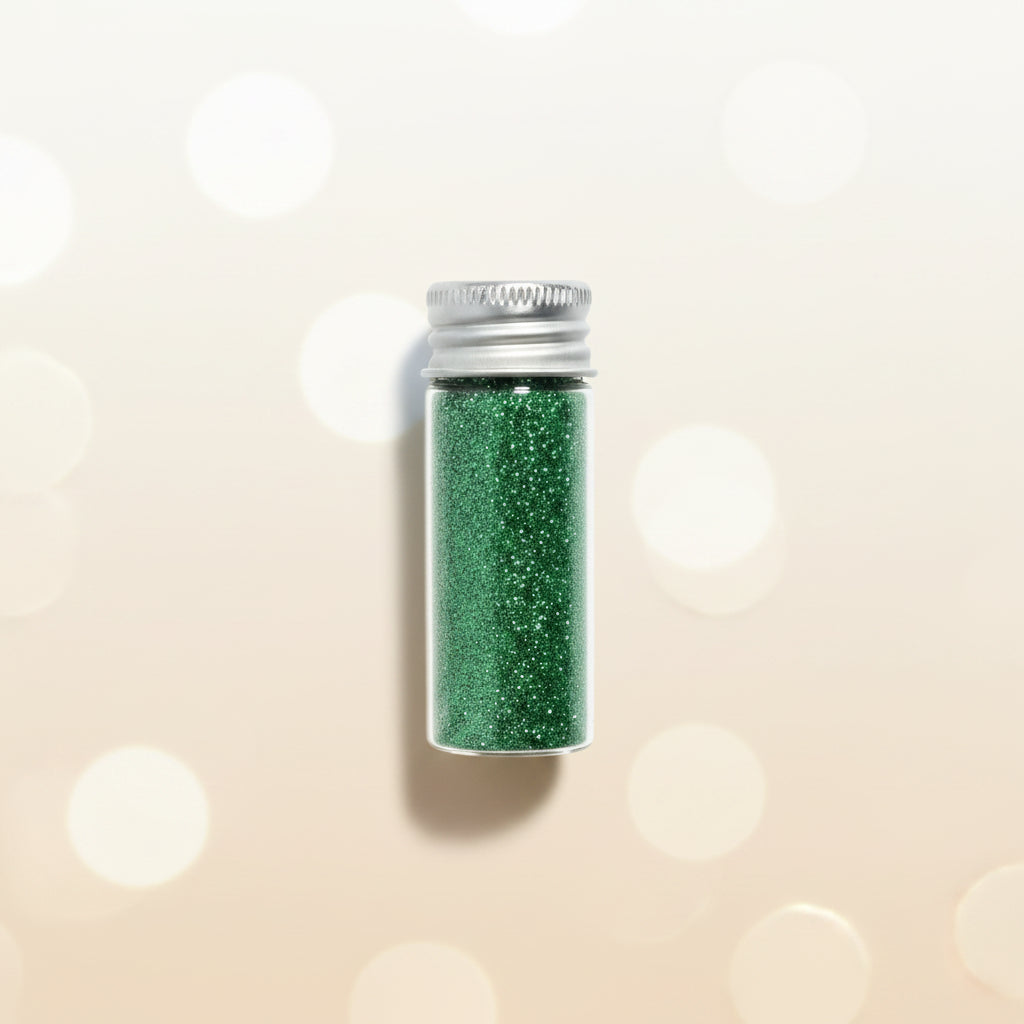 Escarcha comestible glitter color verde en frasco de vidrio 10 gr – glitter comestible para repostería y chocolatería - Vallia Reposteria