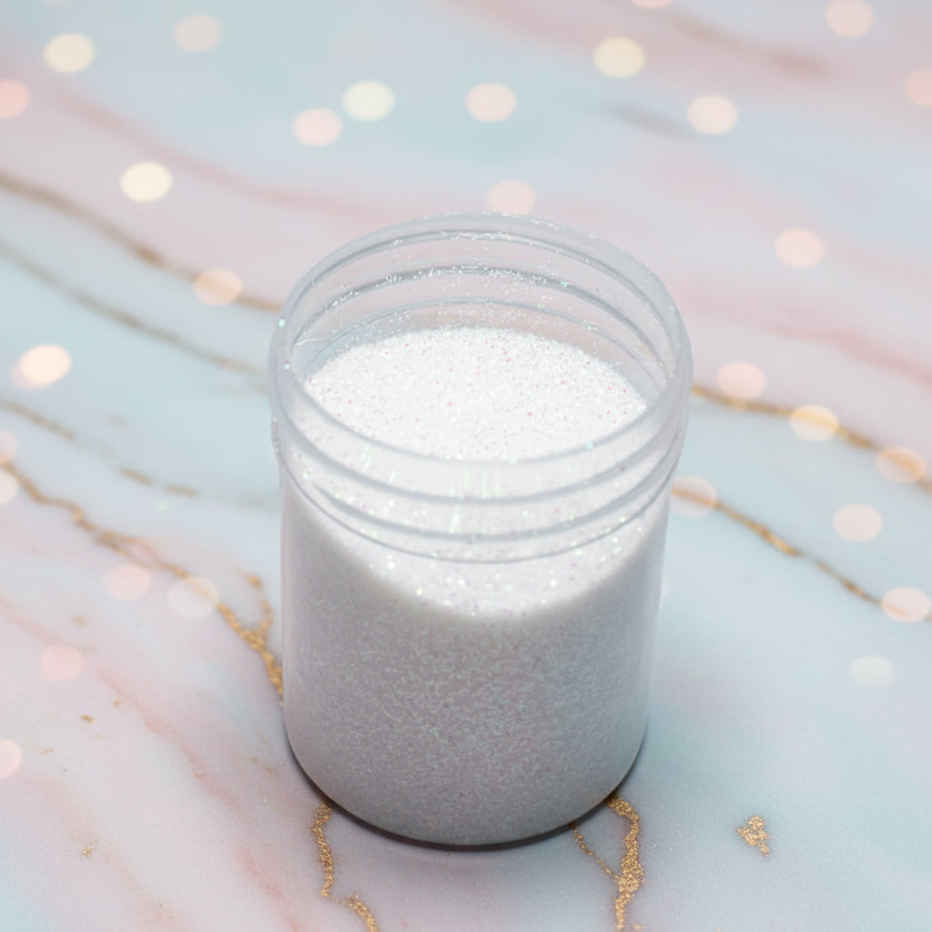 "Escarcha comestible tornasol 20g y 1lb - Diamantina iridiscente blanca con reflejos arcoíris"