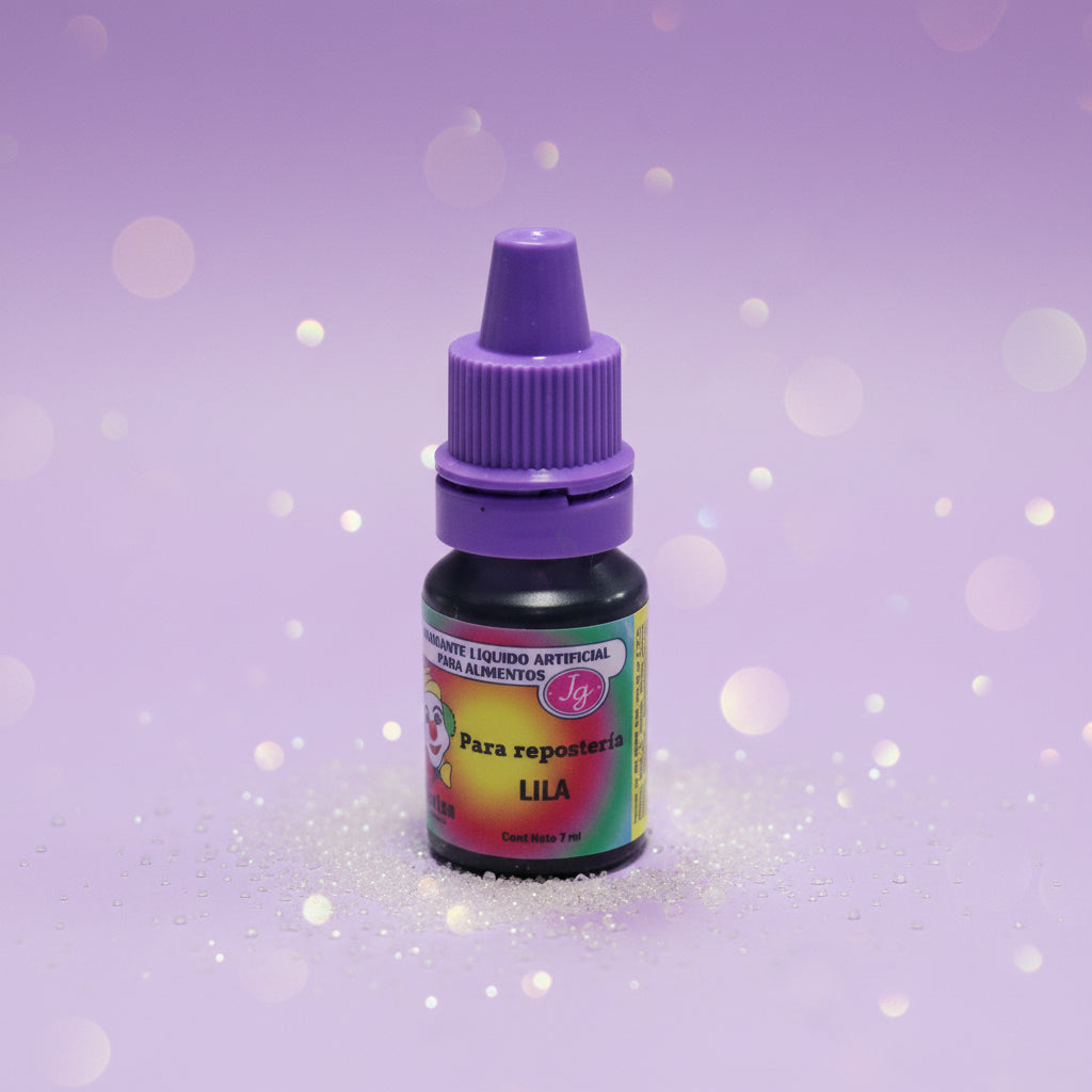 Colorante líquido hidrosoluble Colorisa color lila en frasco gotero 7 ml con fondo bokeh morado – colorante para repostería - Vallia Reposteria