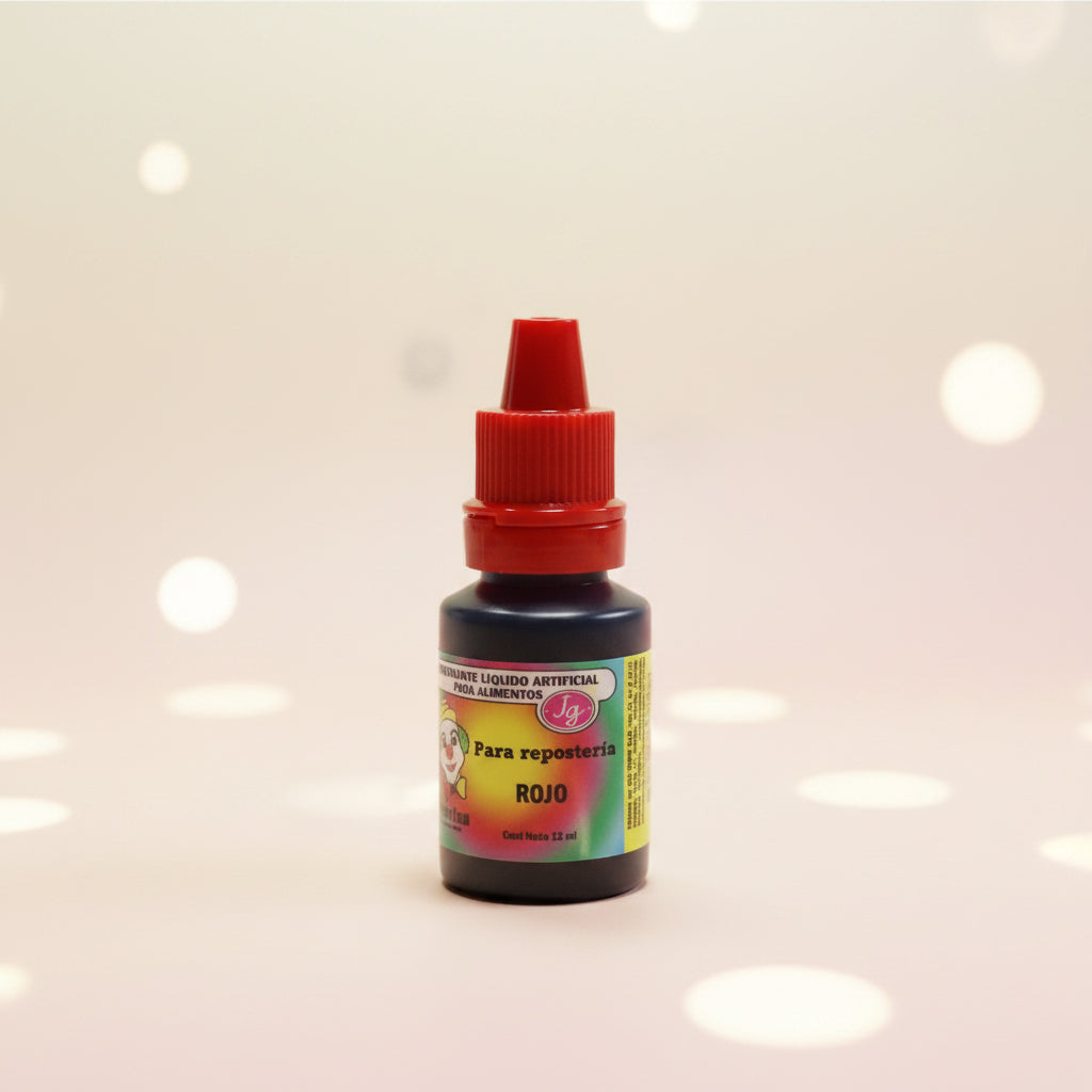 Colorante líquido hidrosoluble Colorisa color rojo en frasco gotero 7 ml con fondo bokeh blanco – colorante comestible para repostería - Vallia Reposteria