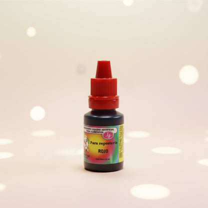 Colorante líquido hidrosoluble Colorisa color rojo en frasco gotero 7 ml con fondo bokeh blanco – colorante comestible para repostería - Vallia Reposteria