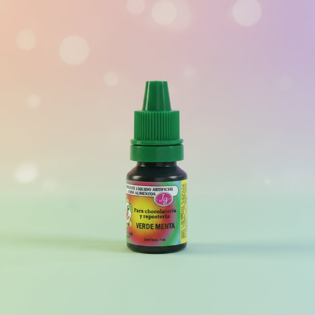 Colorante líquido hidrosoluble Colorisa verde menta en frasco gotero 7 ml con fondo bokeh pastel – colorante para chocolatería y repostería - Vallia Reposteria