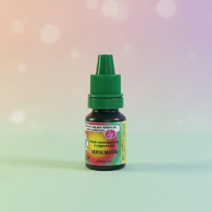 Colorante líquido hidrosoluble Colorisa verde menta en frasco gotero 7 ml con fondo bokeh pastel – colorante para chocolatería y repostería - Vallia Reposteria
