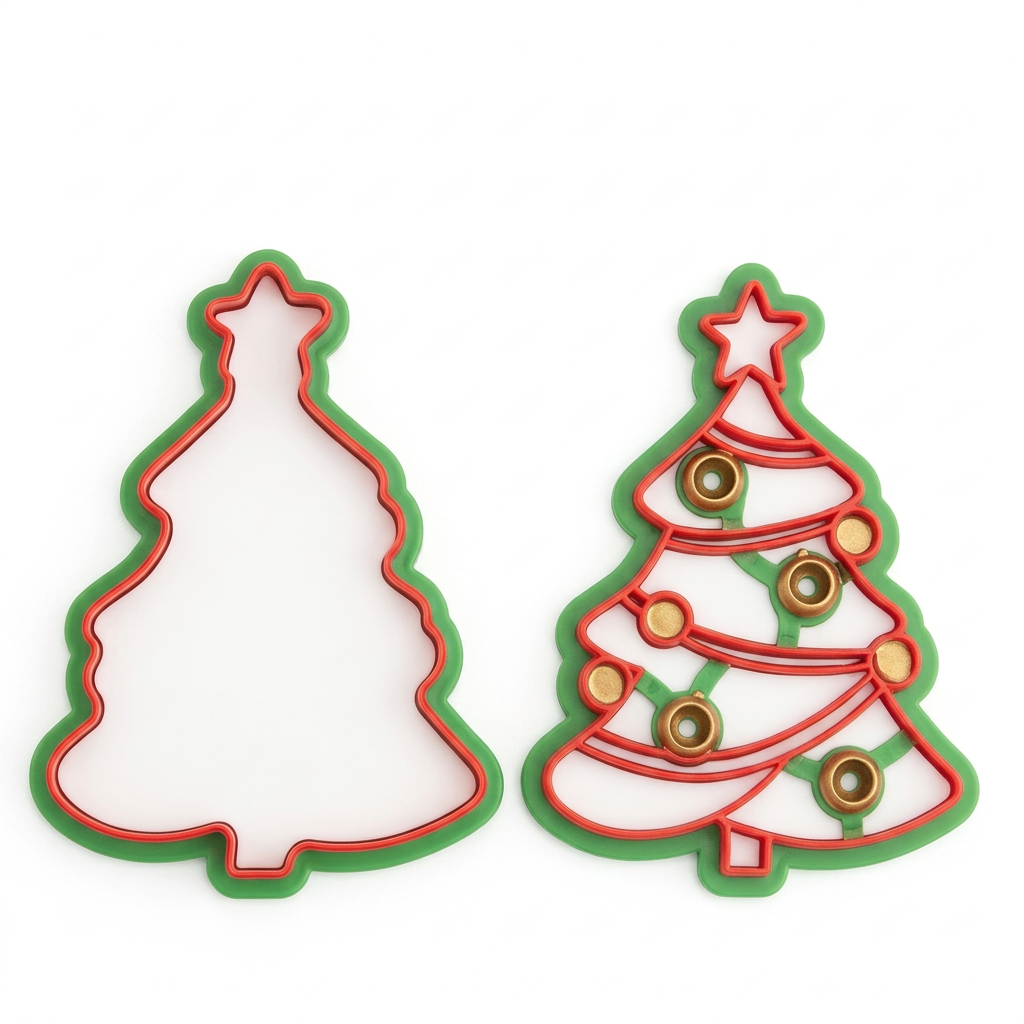 Cortadores de galletas Vallia Repostería con forma de pino navideño, uno con contorno y otro con detalles de adornos.