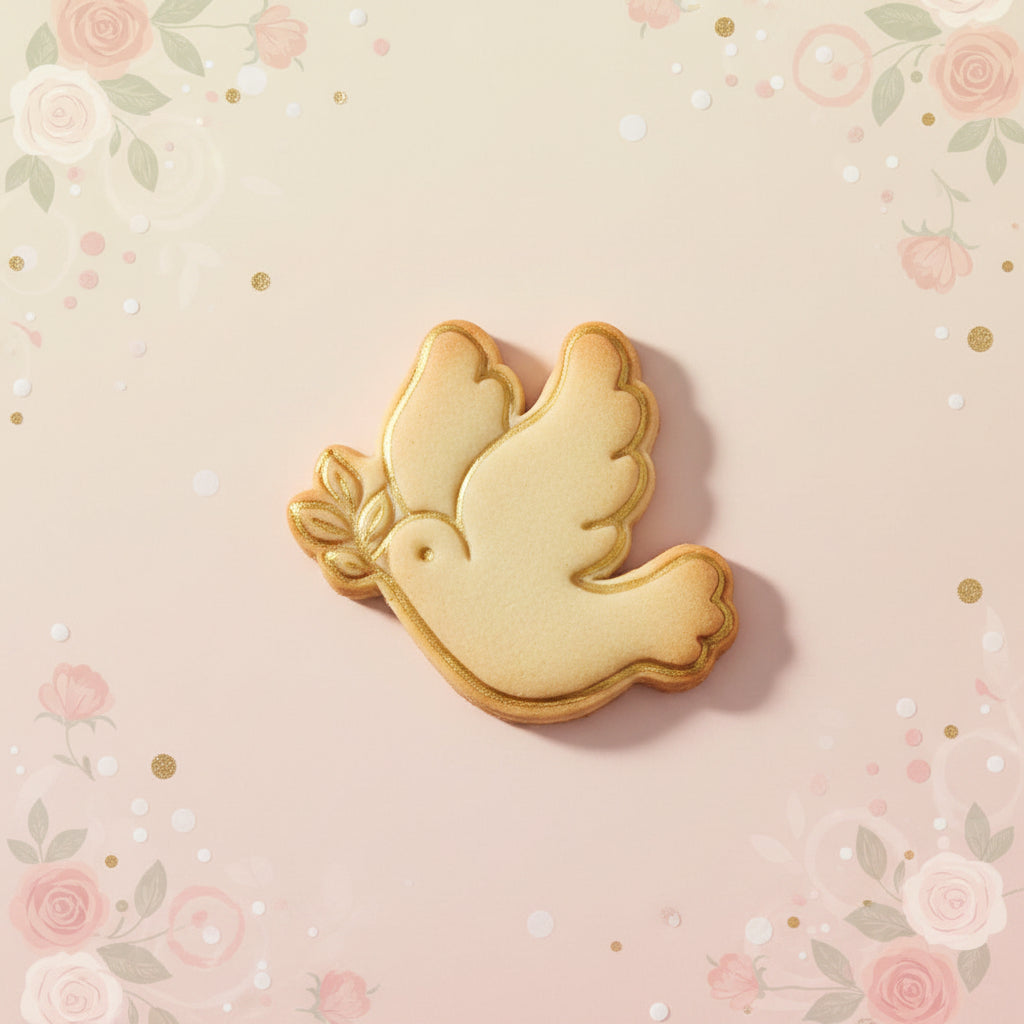 Cortador con sello marcador para galletas modelo paloma de la paz 8 cm con galleta decorada en royal icing dorado sobre fondo rosa con flores – para bautizos y confirmaciones - Vallia Reposteria