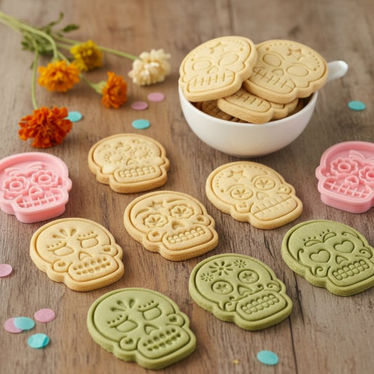 Cortador y sellos marcadores de calaveras mexicanas para galletas con 10 diseños surtidos en plástico rosa junto a galletas horneadas en masa natural y espinaca sobre mesa de madera con flores de cempasúchil - Vallia Reposteria