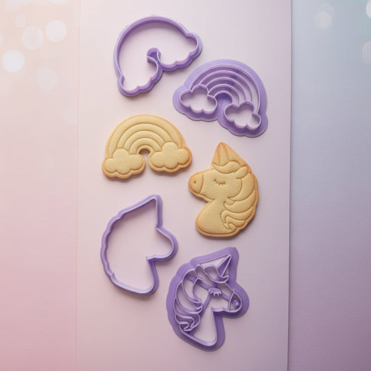 Set de cortadores con sello marcador para galletas temática unicornio y arcoíris 7 cm en plástico lila con galletas horneadas marcadas – para fiestas infantiles y repostería - Vallia Reposteria

