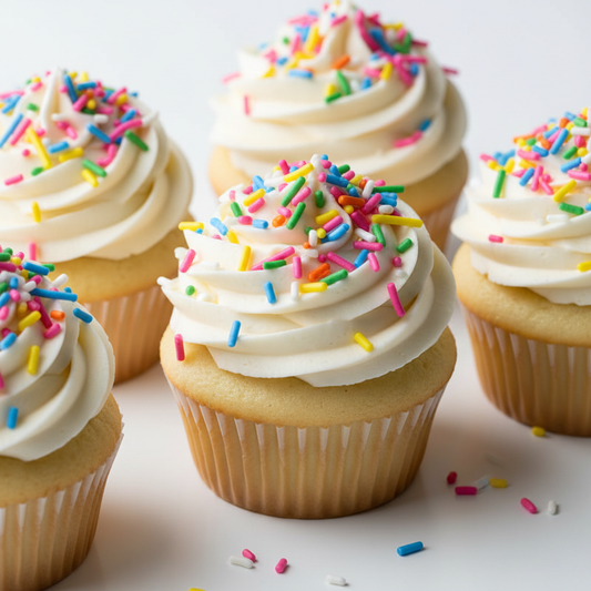 "Cupcakes decorados con grageas granillo de colores multicolor tipo jimmies"