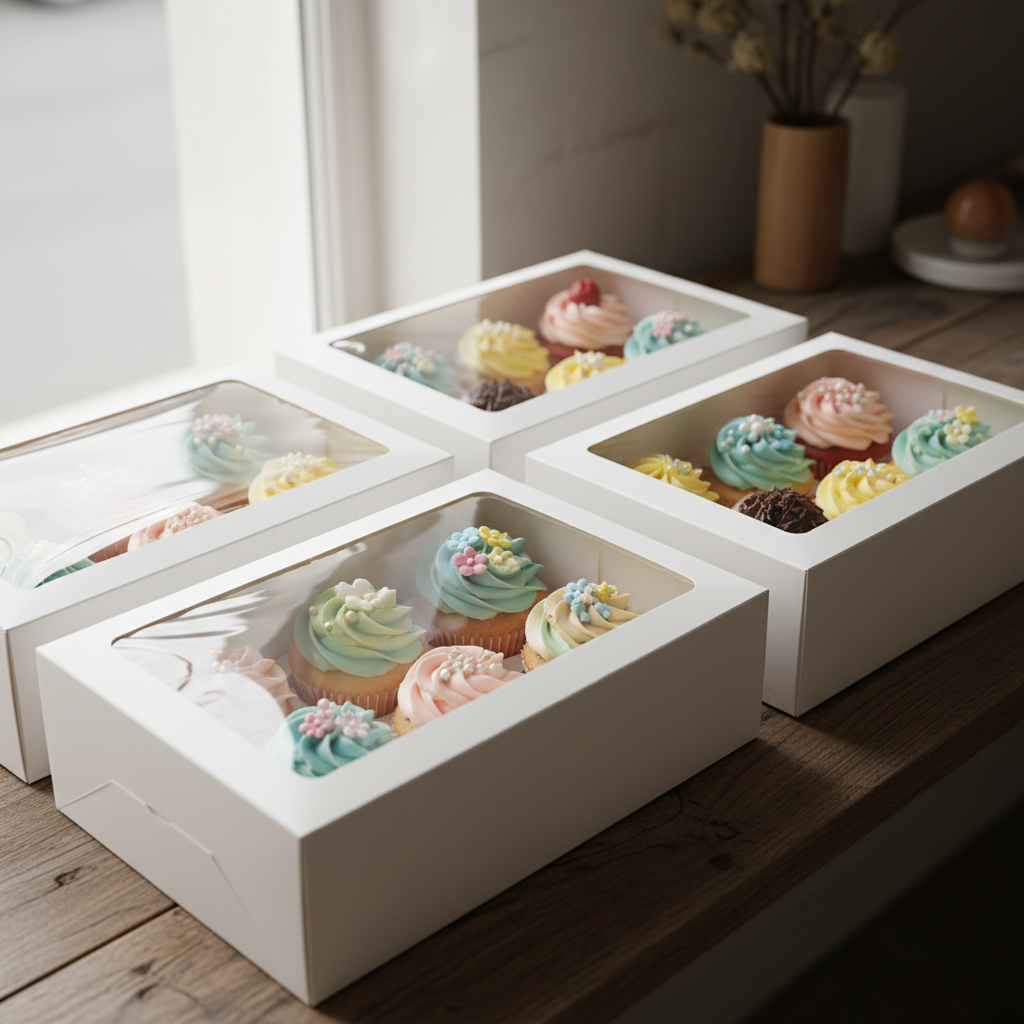 "Cupcakes decorados en caja con ventana"